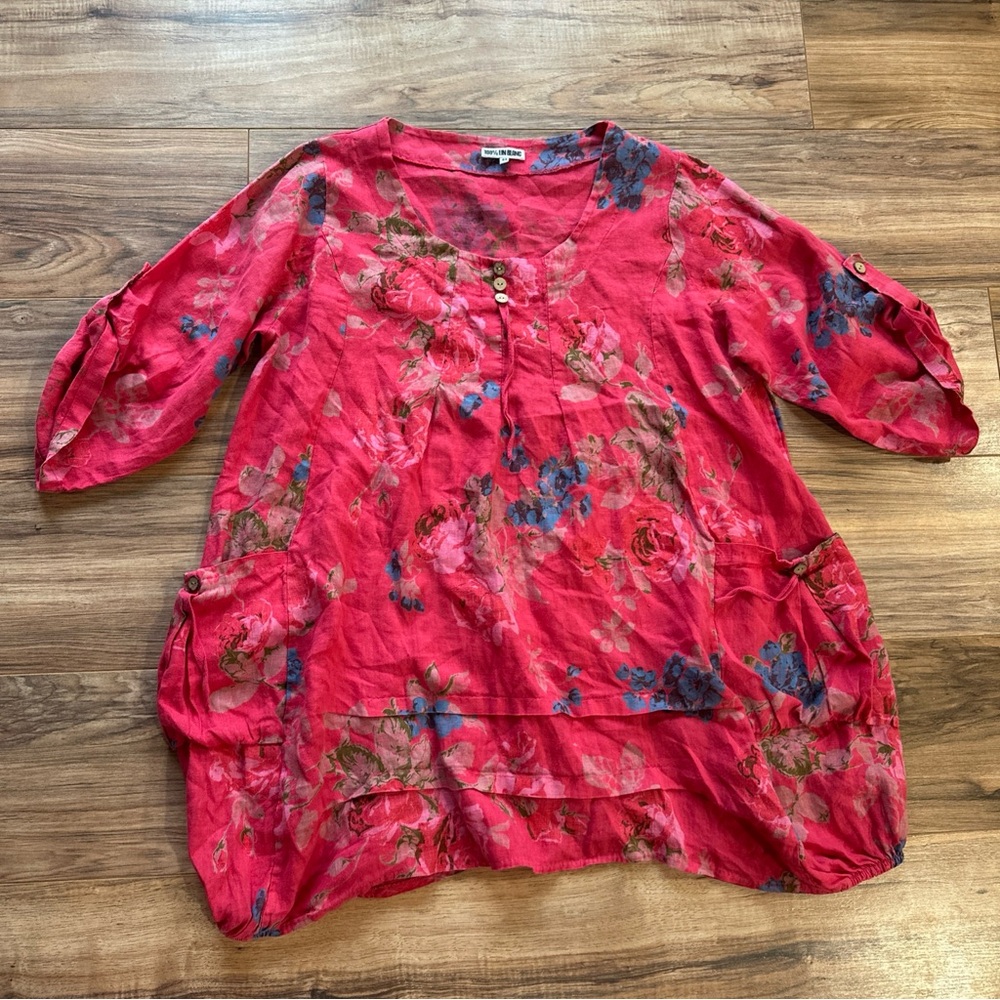 Lin Blanc 100% Linen Floral Tunic Top Boho Lagenlook Sz 44 US Large Pink Flowy